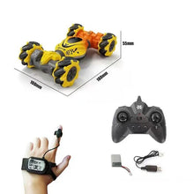 Drift RC car with gesture control twist and climb function shown with wrist remote and USB cable.