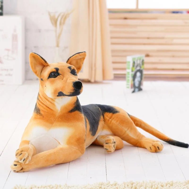 Plush dog toy on a white floor.
