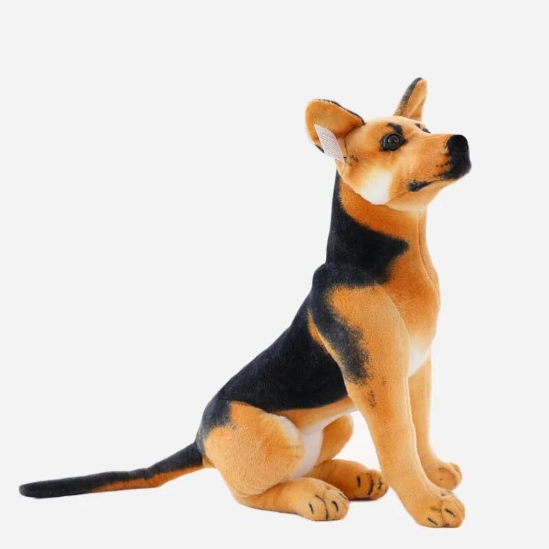 Plush toy resembling a German Shepherd dog.