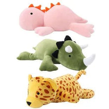 Giant weighted plush toy trio featuring a pink dinosaur, green triceratops, and yellow leopard for collecting and cuddling.
