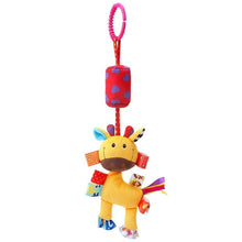 Giraffe handbell rattle with teether and hanging elements for baby grasping practice and stroller entertainment.