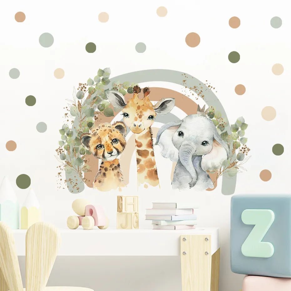 Children's room with animal-themed wall decal, books, and toys.