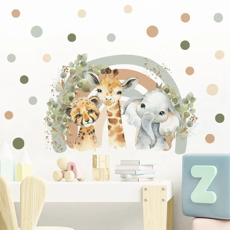 Children's room with animal-themed wall decal, books, and toys.