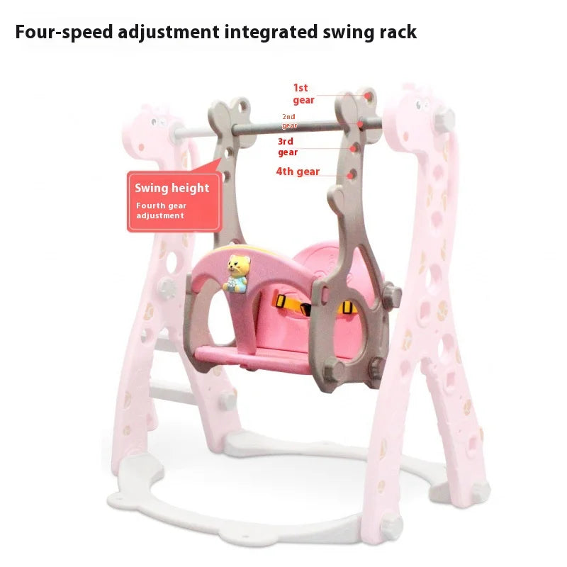 Giraffe playset swing with four-speed adjustment mechanism for growing toddlers.