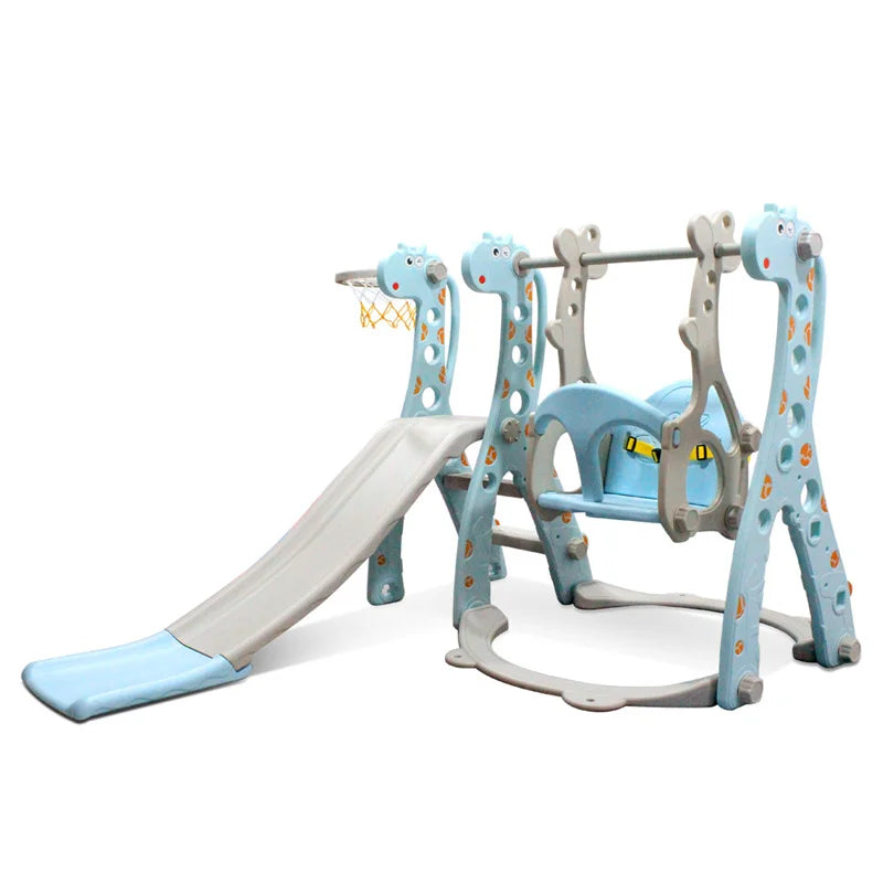 Giraffe slide and swing playset combo shown for indoor and outdoor toddler play.