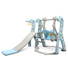 Giraffe slide and swing playset combo shown for indoor and outdoor toddler play.