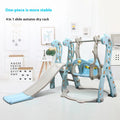 Giraffe slide and swing playset with monkey bars set up indoors for active play.
