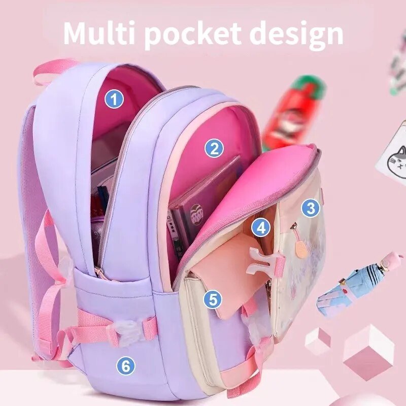 Girls 55L school backpack with multiple labelled pockets for organising books, lunch, and stationery on the school run.
