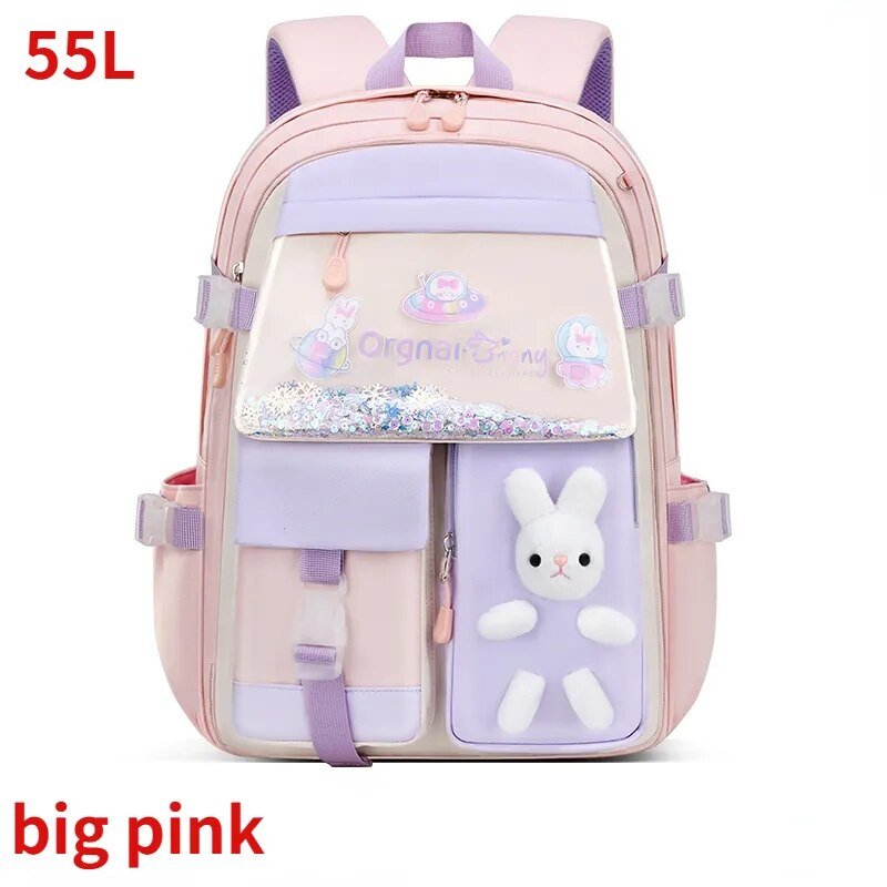 Girls 55L school backpack with organised compartments and a pink bunny charm for neatly packing books and supplies.