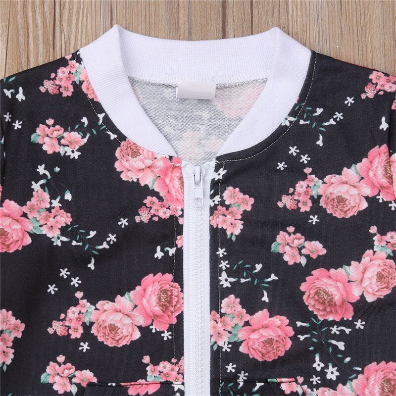 Girls floral print sweatshirt and trouser set as a casual autumn outfit for playtime, nursery, and family outings.