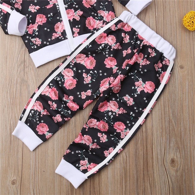 Girls floral tracksuit style sweatshirt set for spring and autumn layering, school runs, and active play.