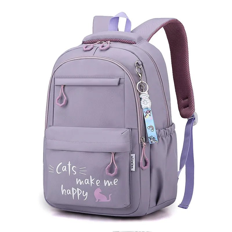 Gray backpack with 'Cats make me happy' text and purple accents.