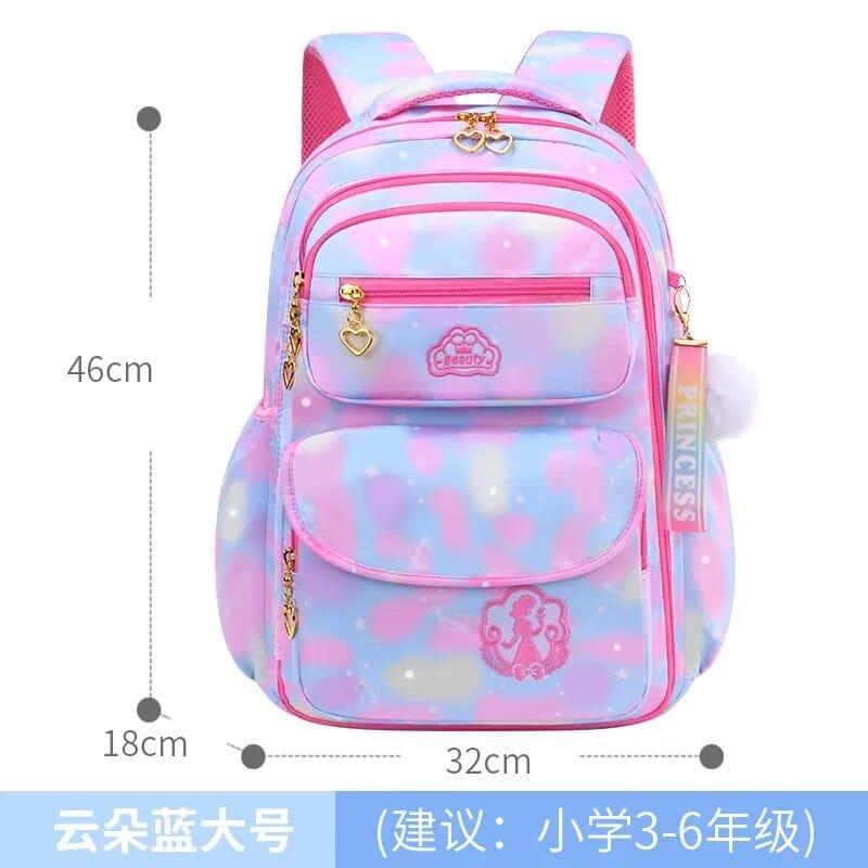 Colourful orthopedic backpack for primary school girls, designed for comfort during the daily walk to school.