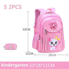 Pink school bag with matching pencil case and dimensions, keeping school supplies organised each day.