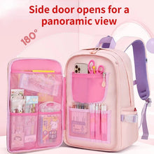 Girls Primary School Backpack 55L with side opening and organised compartments for books, folders, and school supplies.