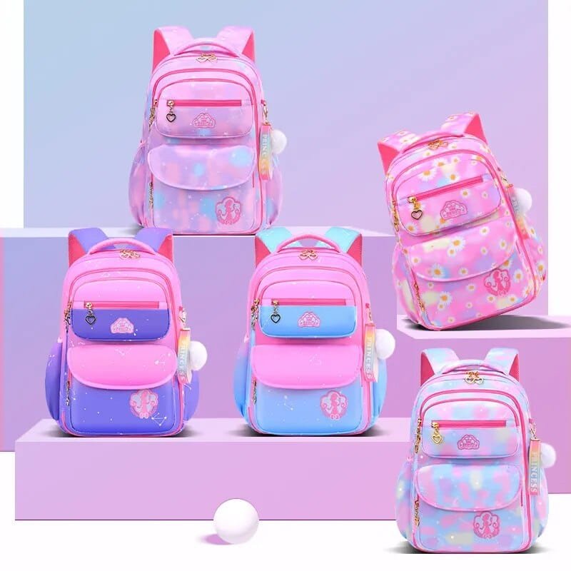 Collection of gradient orthopedic school backpacks with cartoon designs for primary school girls carrying daily books.