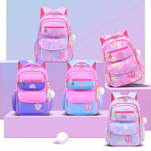 Collection of gradient orthopedic school backpacks with cartoon designs for primary school girls carrying daily books.