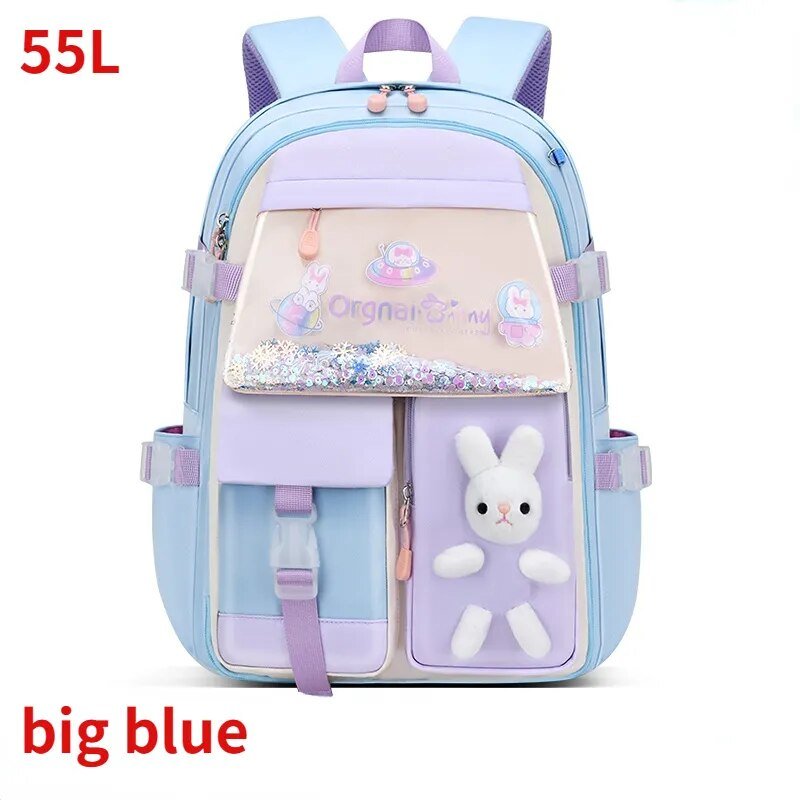 Girls school backpack 55L high capacity waterproof design in blue and purple bunny print for everyday school carrying.