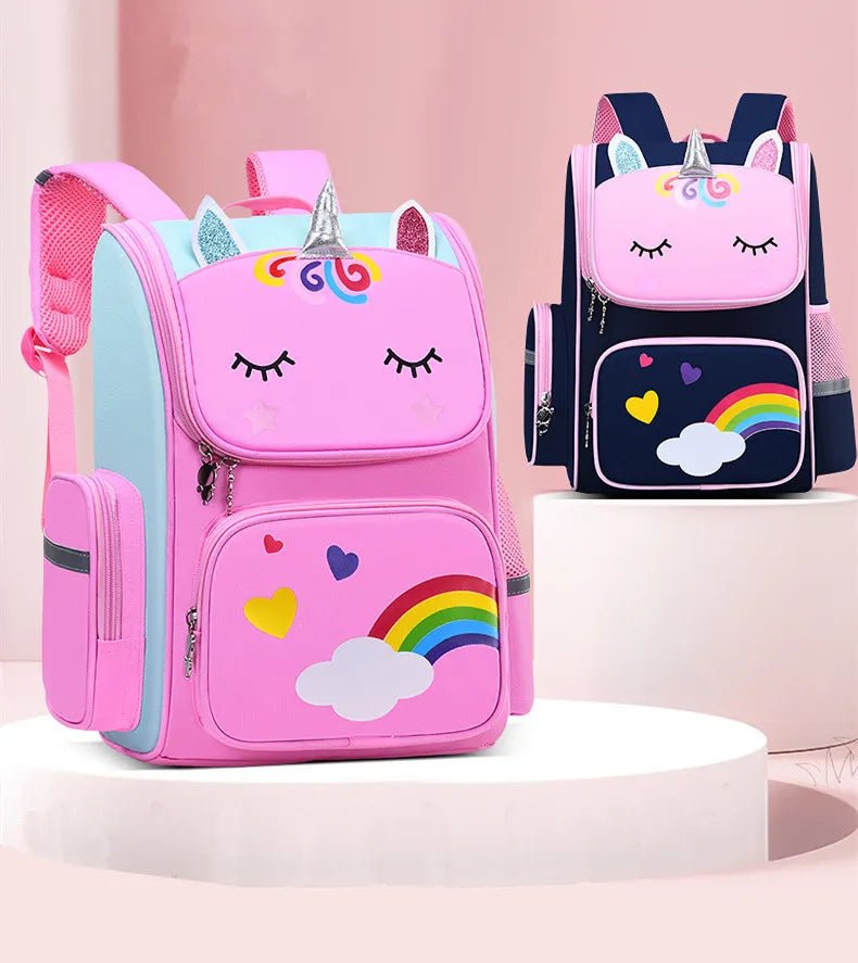 Girls Unicorn School Backpack elementary student bag shown as a pair for sibling gifting and school days.
