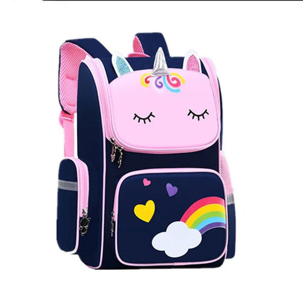Girls Unicorn School Backpack elementary student bag in pink with rainbow design for daily school wear.