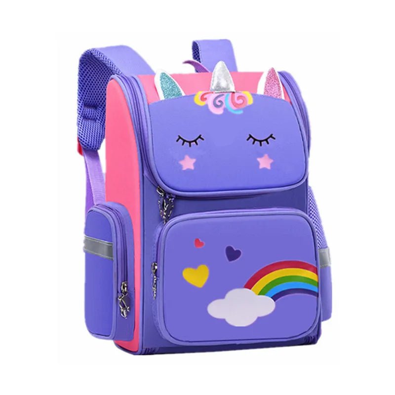 Girls Unicorn School Backpack elementary student bag in purple with rainbow and heart designs for school days.