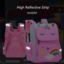 Girls Unicorn School Backpack elementary student bag in pink with a reflective strip for safe commutes.