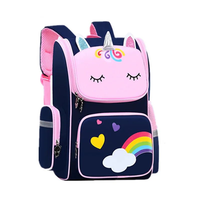 Girls Unicorn School Backpack elementary student bag in pink with rainbow design for daily use.