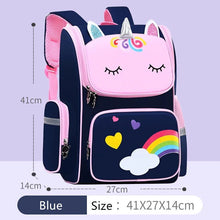 Girls Unicorn School Backpack elementary student bag shown with size chart for choosing the right fit.