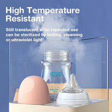 Glass baby bottle parts shown withstanding steam sterilizing heat for safe daily cleaning routines.