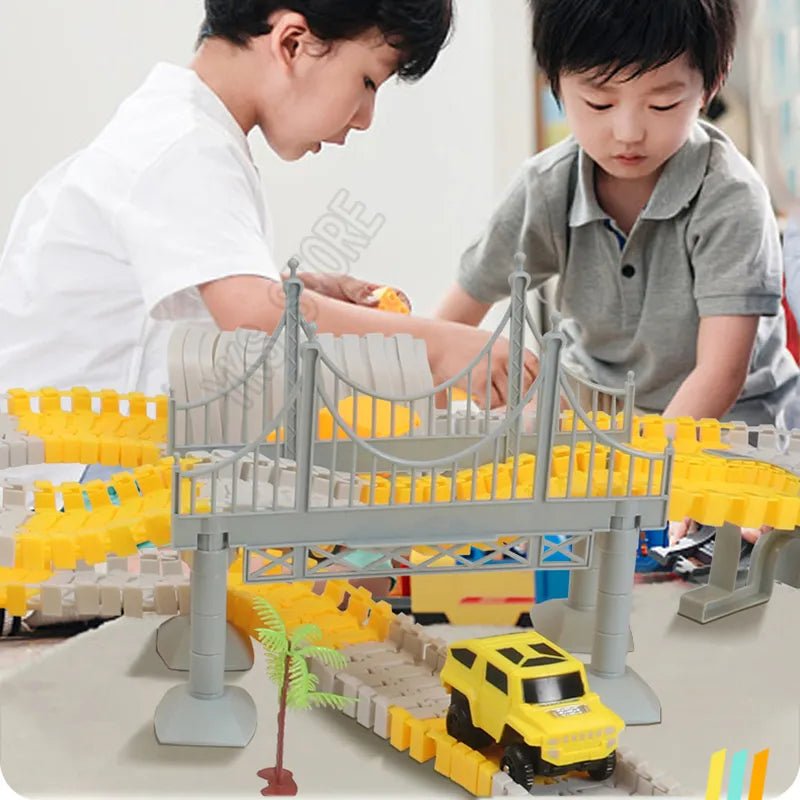 Glow-in-the-dark Magic Rail Track bridge playset for kids table play and group activity fun.