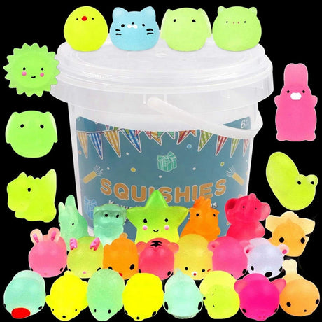 Assorted colorful squishies with a clear container labeled 'Squishies'.