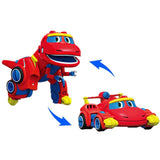 Toy dinosaur and car transforming with blue arrows 