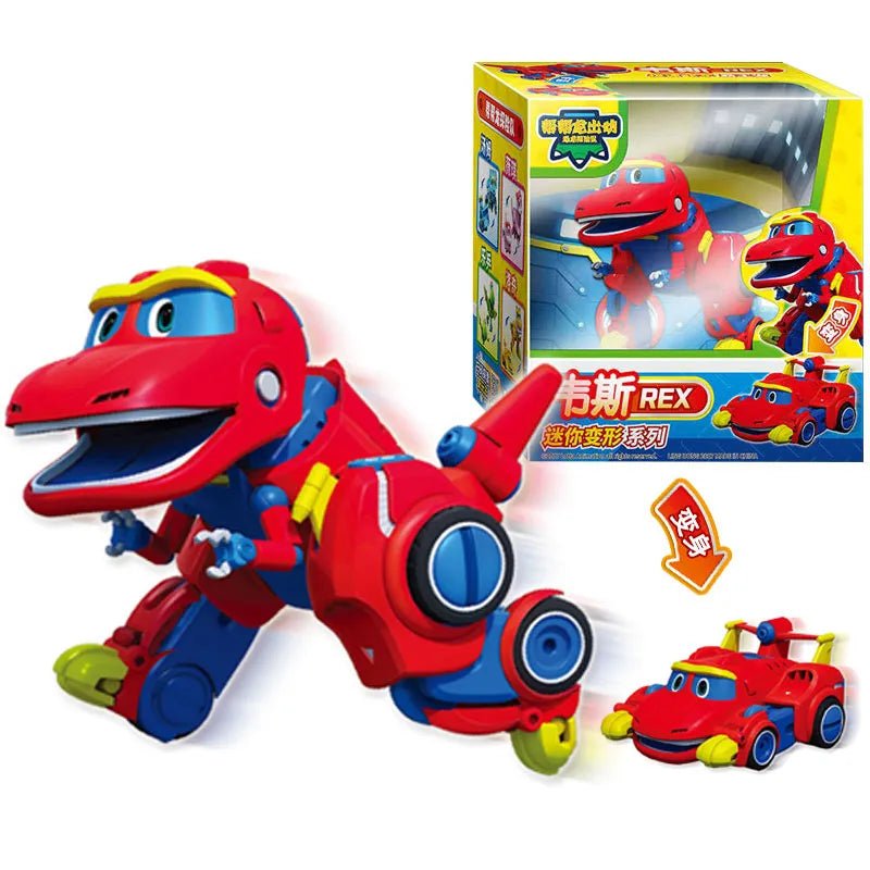 Red dinosaur toy with car body, packaging, and smaller toy car.