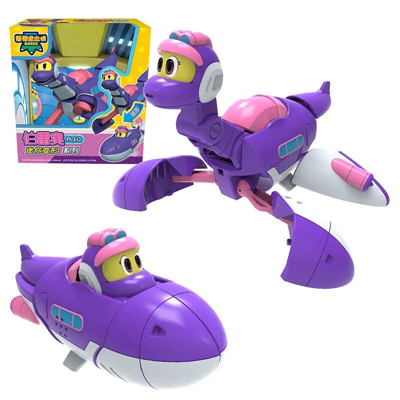 Purple toy vehicle with pink accents and a packaging box 