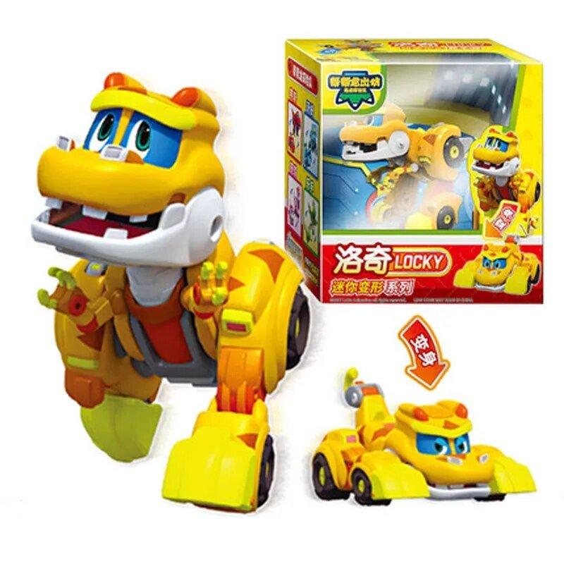 Toy figure with a yellow and orange color scheme, including a car and robot form, next to its packaging.
