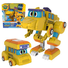 Toy transforming from bus to robot with packaging in the background