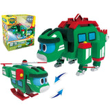 Toy robot transformation set with green and red colors, including a helicopter and robot form.