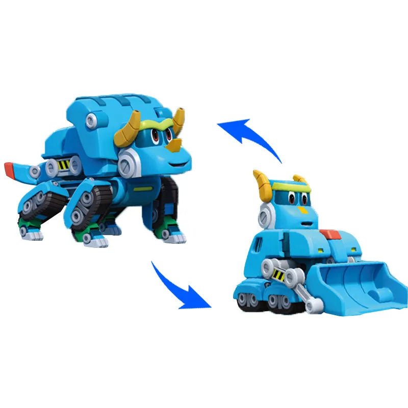Toy robot transforming into a blue vehicle with yellow horns.