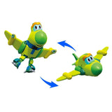 Toy figure of a green dinosaur with airplane wings transforming into an airplane