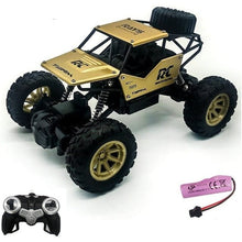 Gold RC monster truck with charger and battery, a 4WD electric toy for fast racing and outdoor challenges.