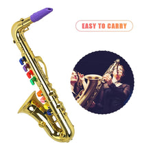 Gold Toy Saxophone with colorful keys, shown with children playing saxophones for musical inspiration.