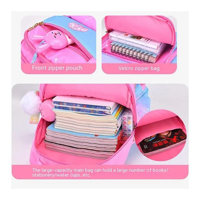 Pink backpack with front zipper pouch and velcro zipper bag, filled with books and stationery.