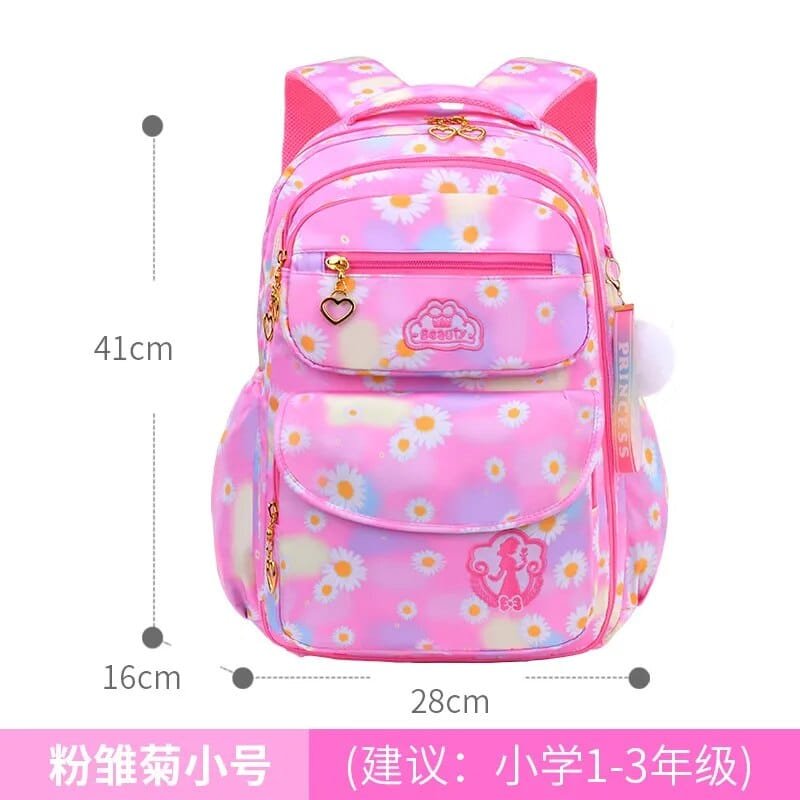 Pink floral backpack with measurements