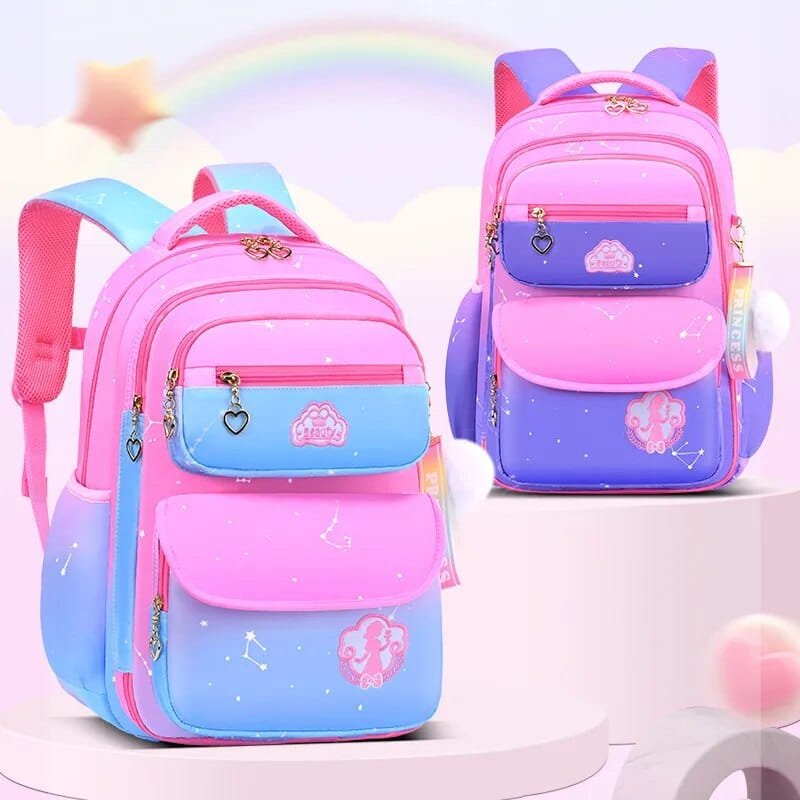 Pink and blue gradient orthopedic school backpacks for girls, offering colour choices for daily class runs and clubs.