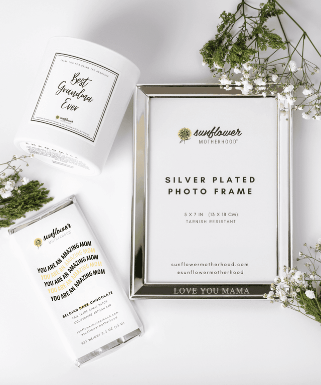 Silver-plated photo frame with 'Sunflower Motherhood' branding.