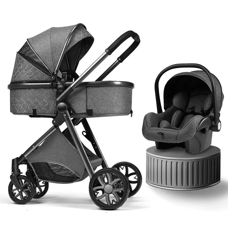 Gray 3-in-1 baby stroller with suspension system for smooth outdoor terrain.