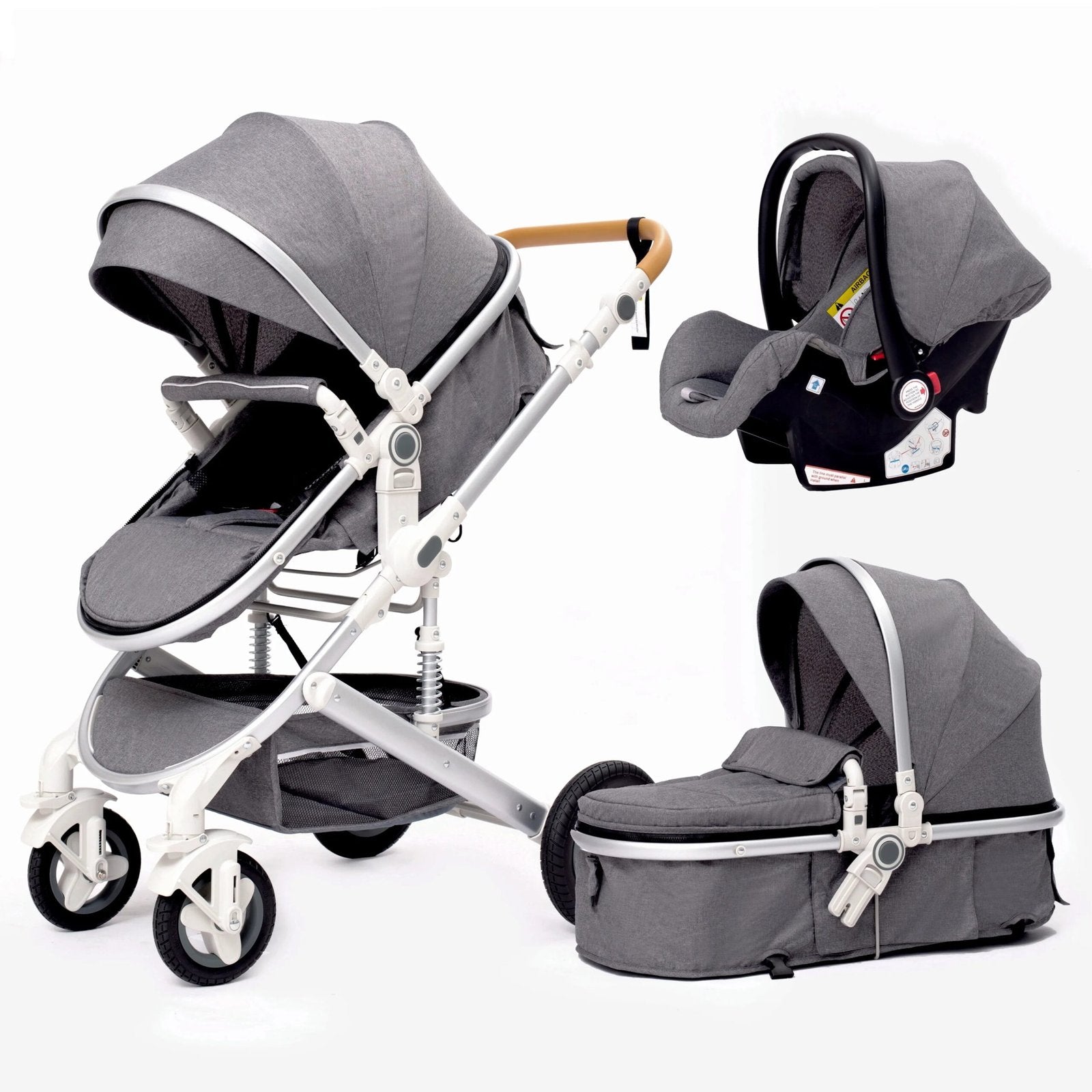 Gray 3-in-1 baby stroller shown in bassinet mode with matching car seat.