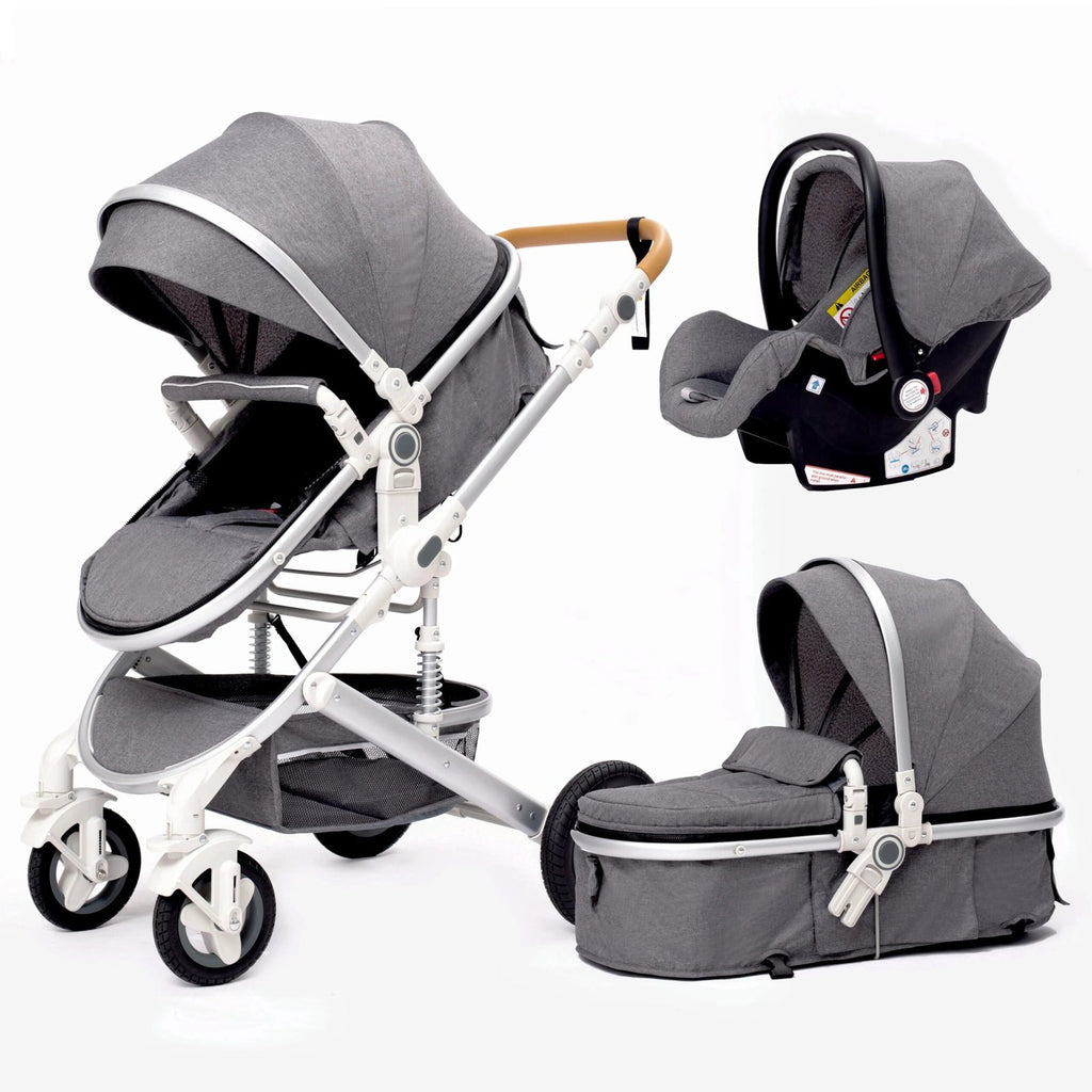Gray 3-in-1 baby stroller travel pram with a cushioned seat for extra newborn comfort.