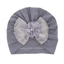 Shiny Rhinestone Bowknot Baby Turban in gray with decorative flower and pearls for everyday outfits.