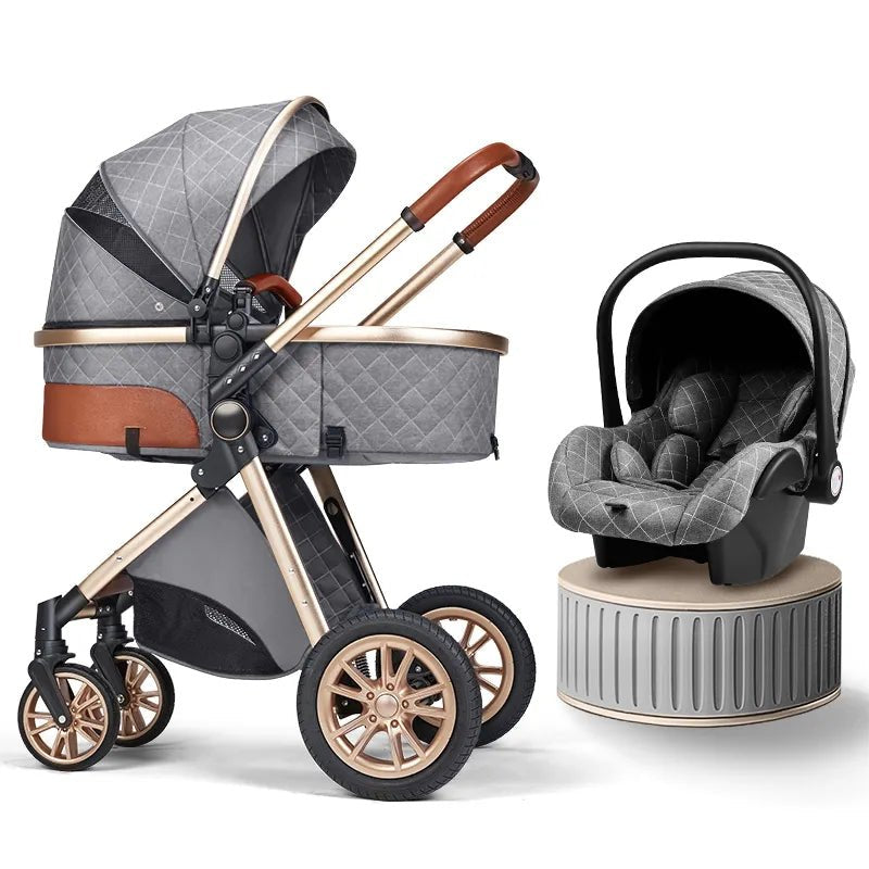 Gray and brown 3-in-1 baby stroller and car seat set for daily use and errands.